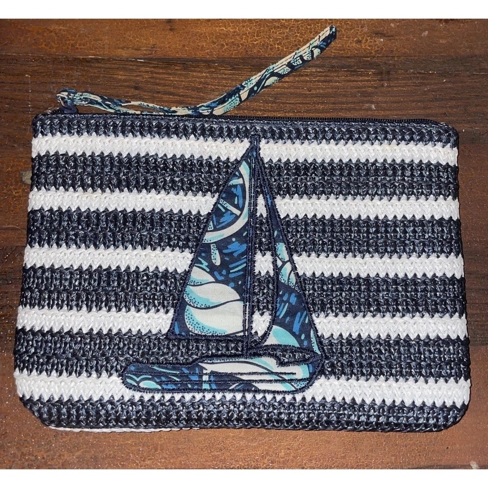 Vera Bradley Straw Wristlet Shore Enough Navy White Stripe Sailboat Nautical